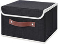 ANMINY Storage Bin with Lid Storage Boxes with PU Leather Handles PP Plastic Board Decorative Foldable Lidded Cotton Linen Fabric Home Cubes Baskets Closet Organizer Container - Black, Small Size