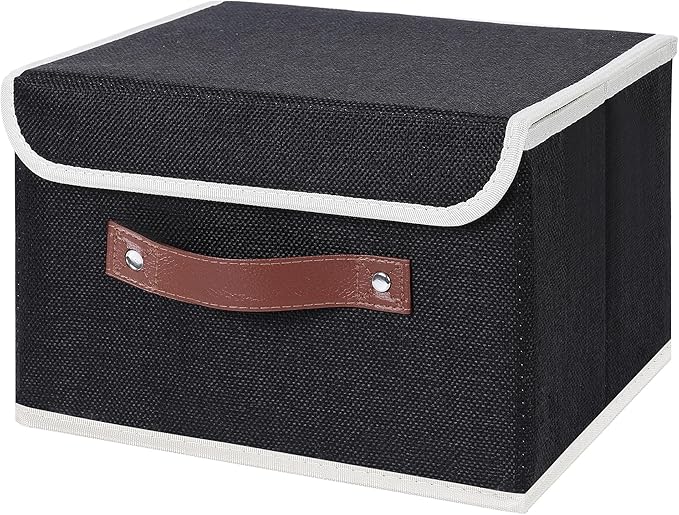 ANMINY Storage Bin with Lid Storage Boxes with PU Leather Handles PP Plastic Board Decorative Foldable Lidded Cotton Linen Fabric Home Cubes Baskets Closet Organizer Container - Black, Small Size