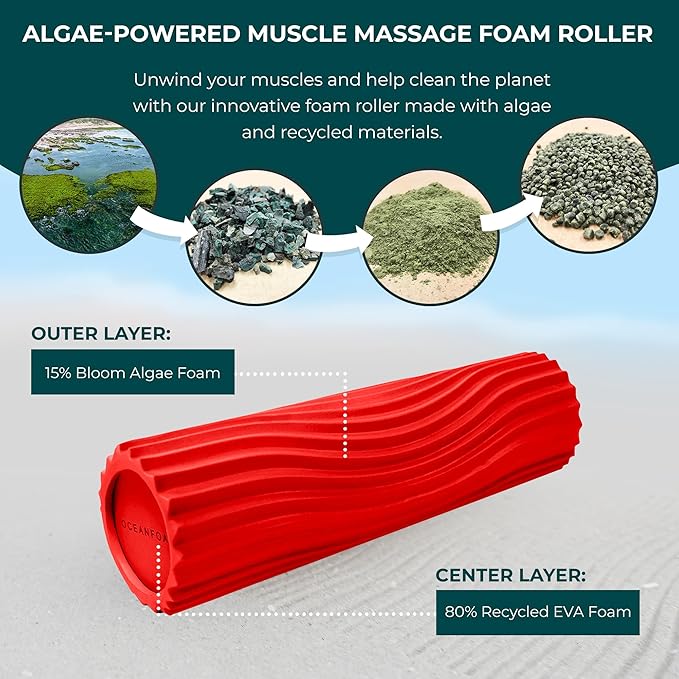 Oceanfoam Tidal Roller - Red - Muscle Massage Foam Roller for Back Pain & Stretching - Firm and Ergonomic Wide Wave Textured - Yoga, Athletics, & Wellness - Full Size, 20" x 5"