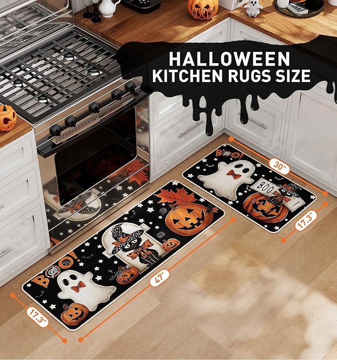 Halloween Kitchen Mat Set of 2, Pumpkin Ghosts Boo Cat Halloween Decor, Halloween Rug for Floor, Indoor Home Decor with Non-Slip Backing,17 x 29 Inch & 17 x 47 Inch