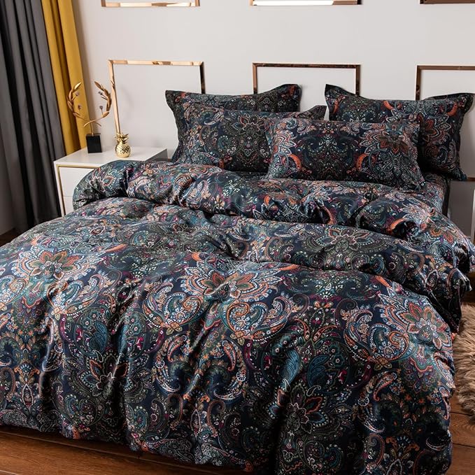 ABREEZE Luxury Vintage Black Duvet Cover Sets Damask Paisley Bedding Set Retro 100% Brushed Cotton Zipper Closure Bedding Collection Full Size