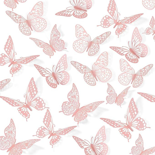 SAOROPEB 3D Butterfly Wall Decor - 48 Pcs, 4 Styles, 3 Sizes - Removable Wall Stickers for Pink Room Decor, Birthday Parties, Cake Decorations