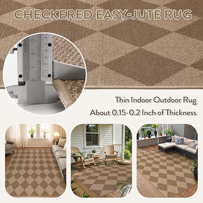 Lahome Checkered Easy Jute Indoor Outdoor Rug, 5x7 Area Rugs for Living Room Nature Large Dining Room Carpet, Washable Non Slip Indoor Outdoor Carpet for Home Office Bedroom Backyard Patio