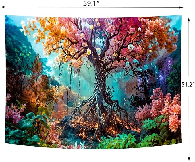 Delur Forest Tapestry Tree of Life Fantasy Tropical Rainforest Tapestry Wall Hanging Colorful Nature Mystical Landscape Psychedelic Spiritual Headboard for Bedroom Living Room Home Decor (51.2" x 59.1")