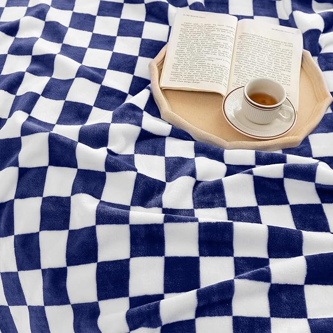 LOMAO Throw Blankets Flannel Blanket with Checkerboard Grid Pattern Soft Throw Blanket for Couch, Bed, Sofa Luxurious Warm and Cozy for All Seasons (Dark Blue, 50"x60")