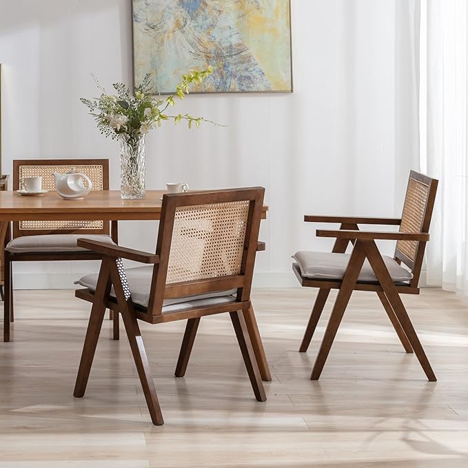 Rattan Dining Chairs Set of 2, Farmhouse Wicker Dining Chairs with Removable Linen Cushion Accent Cane Armchair for Dining Room Kitchen Restaurant, Walnut