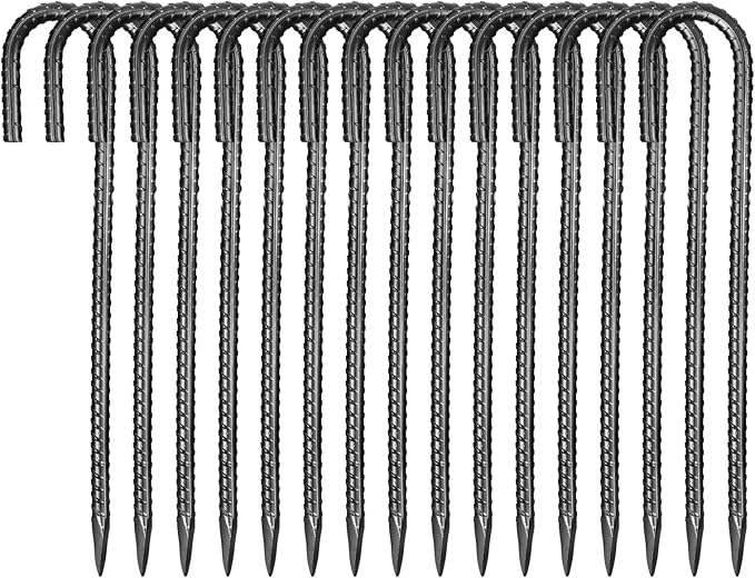 VEVOR Rebar Stakes, 16-Inch, Heavy-Duty 0.4 in Diameter J Hook, Galvanized Steel Ground Anchors with Chisel Point End & Rust-Resistant Coating, for Gardening Support, Fence, Camping Tents (16-Pack)