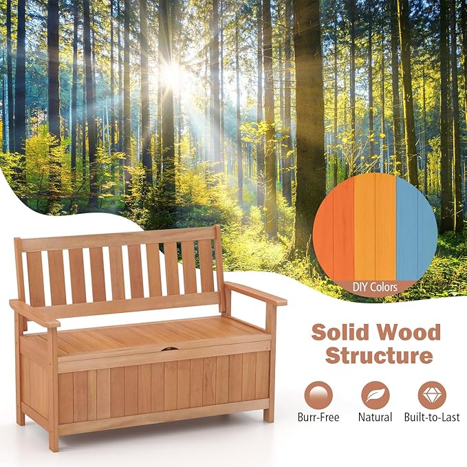 Tangkula 48 Inch Outdoor Wood Storage Bench Deck Box, Wooden Storage Loveseat with 34.2 Gal Inner Space, Entryway Bench Deck Box with Slatted Backrest, Storage Seat for Garden, Lawn, Balcony & Porch