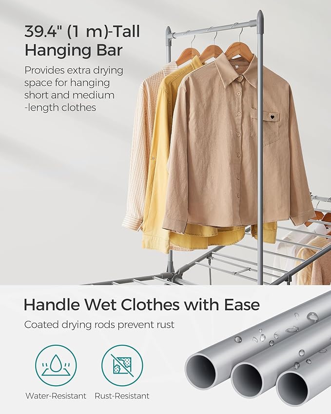 SONGMICS Clothes Drying Rack, Foldable 2-Level Laundry Drying Rack, Free-Standing Airer, 1 Additional Tall Hanging Bar, 2 Height-Adjustable Wings, 24 Drying Rails, Space Savng, Gray ULLR521G01