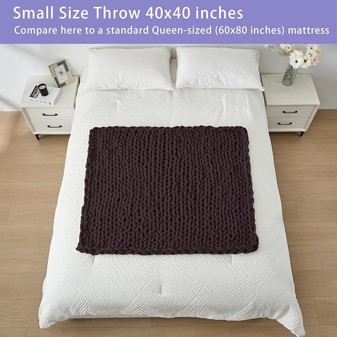 Bigacogo Chunky Knit Throw Blanket for Couch, 40x40 inches, 100% Hand Knitted with Thick Jumbo Chenille Yarn, Cozy Soft Large Rope Knot Cable Crochet Blankets for Sofa Bed Living Room, Chocolate