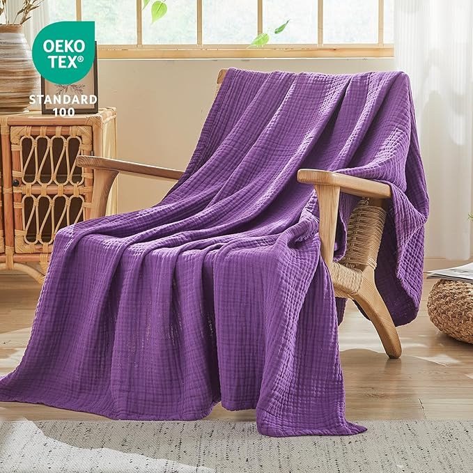 EMME Cotton Muslin Large Throw Blanket Couch Breathable Gauze Blanket Soft Lightweight Bed Blankets Adults (Purple, 50"x70")
