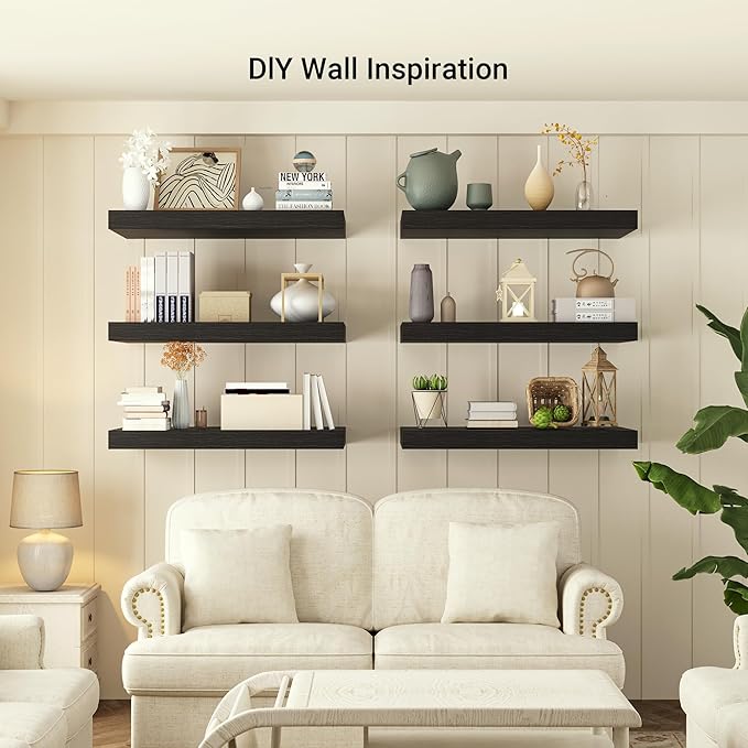 Heimlove 12 Inch Deep Floating Shelves, 48 x 12 inches Long Wall Shelf, Large Display Shelf & Storage Shelf, Rustic Wood Wall Shelves for Fireplace Mantel, Set of 1(Black)