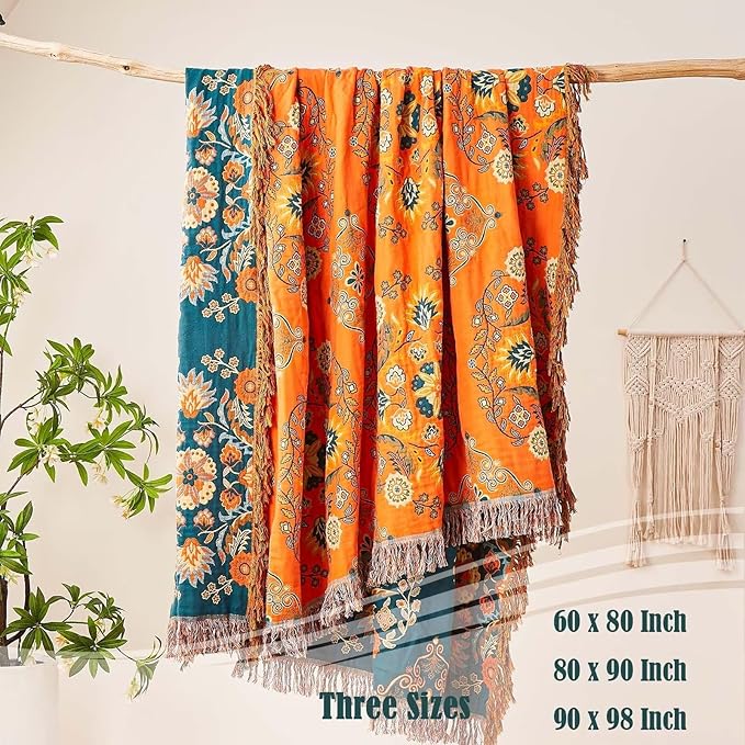 Boho Throw Blanket, 100% Cotton Ultra Soft Luxury Throw Rustic Quilt, 90"x98" Floral Printed Farmhouse Decor Bed Summer Blankets, All Season Rustic Reversible Bohemian Throw for Bed - Orange