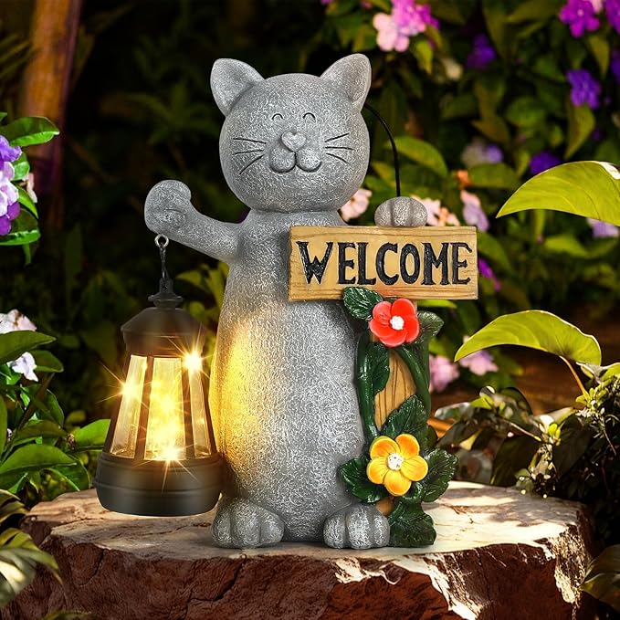 Json Garden Statue Solar Cat Figurine with Lantern, Solar Garden Decorations Statues for Patio, Balcony, Yard Ornament, Unique House Warming Gifts Figurine Lights, Gifts for Women, Mom