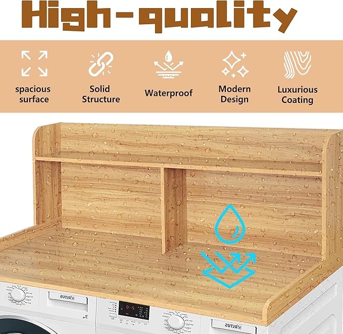 Royxen 2-Tier Washer Dryer Countertop,19.5" H Wood Washer Dryer Topper with Storage Shelf,Laundry Countertop Over Washer and Dryer, Universal Fit for Laundry Room Organization (Oak, 54" W X 27.5" D)