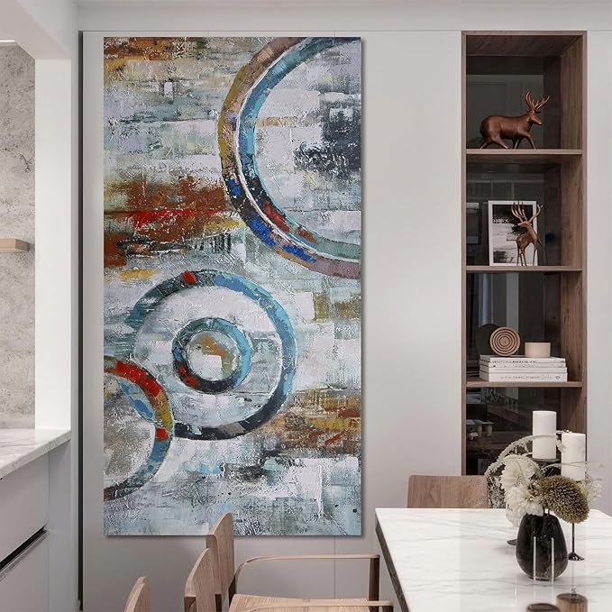 Arjun Abstract Wall Art Geometric Canvas Circle Block Painting Modern Grey Brown Picture Simple Textured Artwork Framed for Bedroom Living Room Home Office Wall Décor, Extra Large 58"x29"