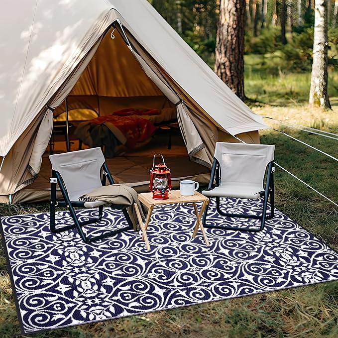 OLANLY Outdoor Rug Waterproof 9x12 ft Clearance, Reversible Outdoor Plastic Straw Rug with Floral Pattern, RV Mat for Patio, Camping, Balcony, Deck, Backyard, Navy & White