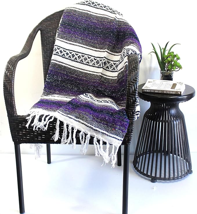 Del Mex Classic Mexican Blanket, Large Authentic Woven Falsa Throw (70"x50"), Artisan Southwest Décor for Beach, Yoga, Outdoors (Purple)