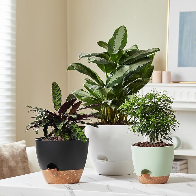 FaithLand 3-Pack Planter Pots, 10 9 8 Inch Self Watering Flower Pots for Indoor Outdoor Garden Plants, Black