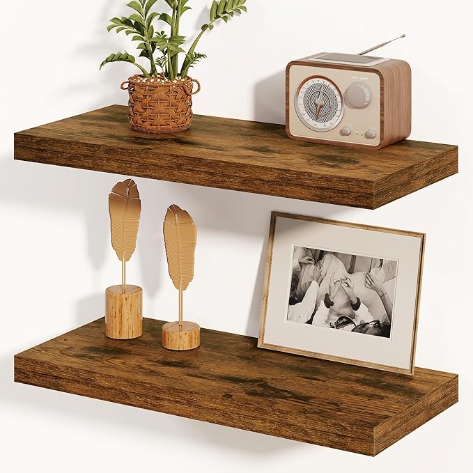 Floating Shelves, 8 Inch Deep Floating Shelves, 24"W x 8"D Wall Shelves Set of 2, Rustic Wood Floating Shelf for Home Decor, Deep Storage Shelves for Kitchen, Bedroom, Living Room, Rustic Brown