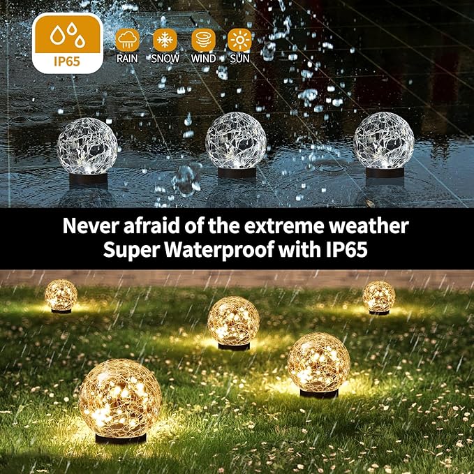 Solar Globe Lights Outdoor Waterproof - Cracked Glass Ball Lights for Garden, Patio, Yard, Lawn and Backyard Decor - Solar Orbs for Outside Decorations
