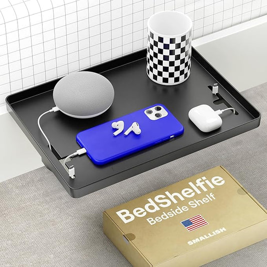 BedShelfie Bedside Shelf for Dorm Room Bunk Bed & Top Bunk, College Dorm Room Essentials, Bedside Caddy, Clip on Floating Desk Tray, Bed Side Table Storage, Loft Nightstand Decor - Cable Catch, Black