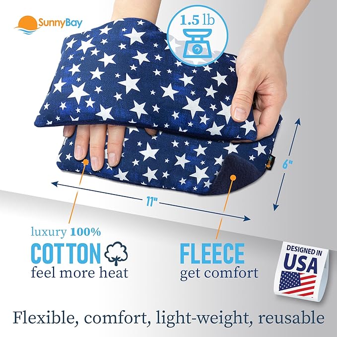 SunnyBay Small Microwave Heating Pad, Microwavable Versatile Cold/Heated Neck and Shoulder Wrap for Back Pain and More, Moist Heat Cotton-Fleece Pad, 6x11 Inches, Blue-Stars, Pack of 2