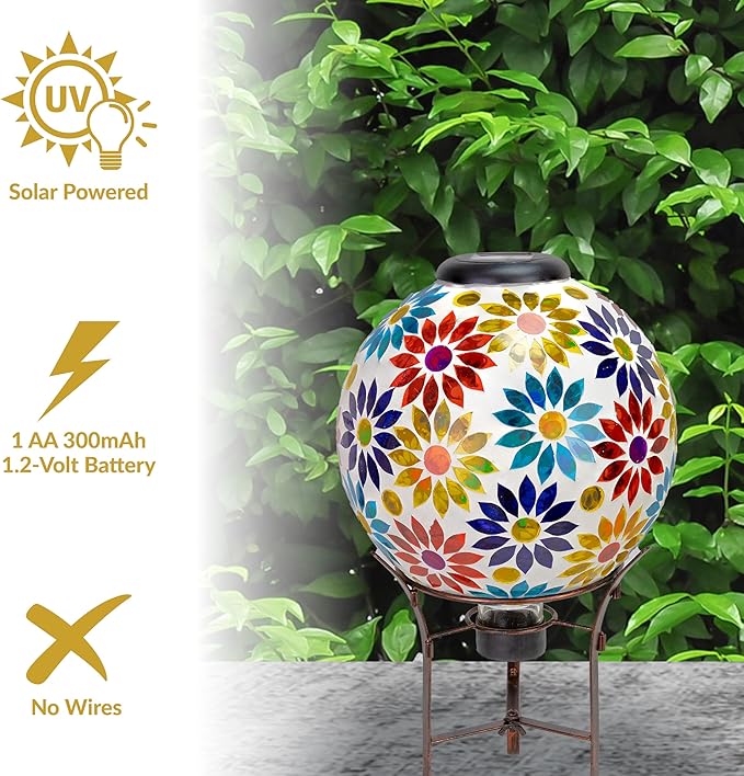 Sunnydaze 10 inch Solar Gazing Ball for Garden - Glass Outdoor Gazing Globe - Midsummer Dahlias