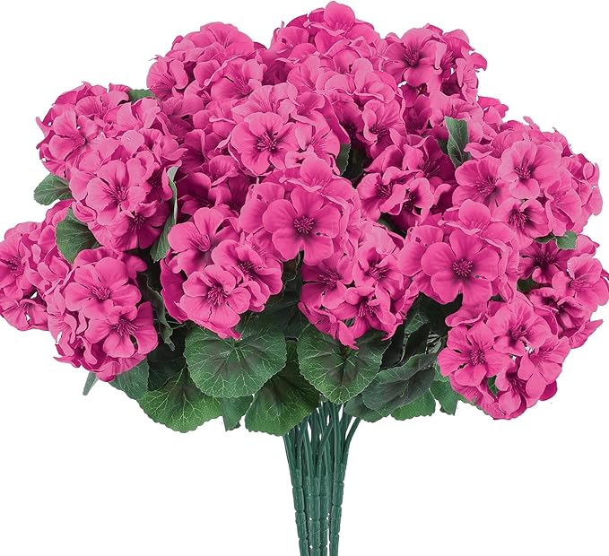 Hananona 12 Pcs Artificial Geranium Flowers for Outdoors Geranium Silk Flowers Outdoor UV Resistant Garden Plants Faux Flowers for Ptio Front Door Kitchen Table Centerpieces Home Decor (12, Rose Red)