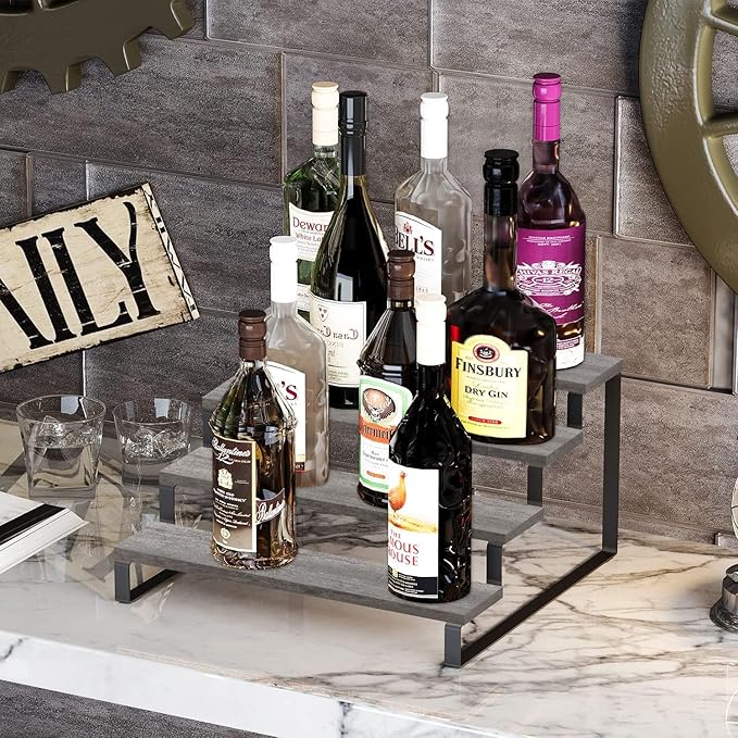 YINMIT Wooden Display Riser Stand, Tiered Perfume and Cologne Organizer Stand, 4 Tier Spice Rack Organizer, Rustic Display Shelf for Candles (4 Tier,Grey)