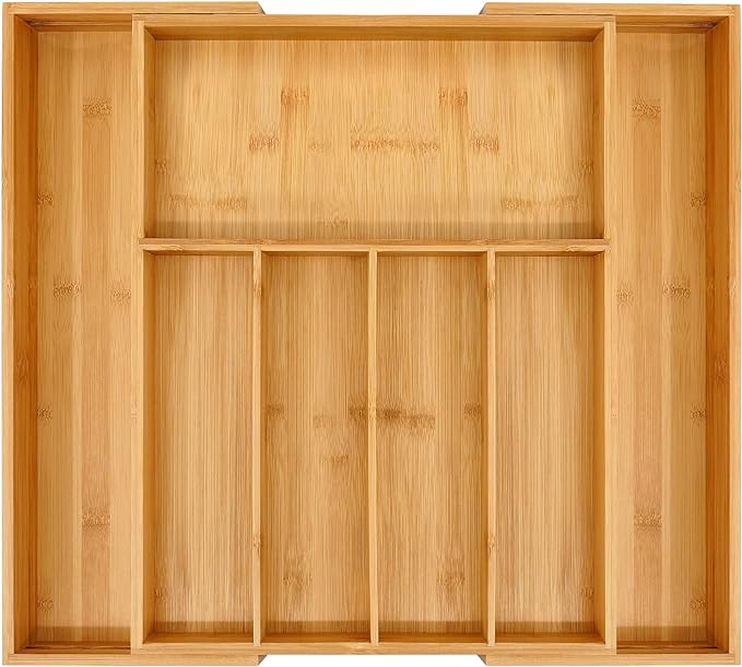 VaeFae Premium Bamboo Drawer Organizer, Expandable Silverware Drawer Organizer, Cutlery Tray with Dividers for Kitchen Utensils (Natural, Large)