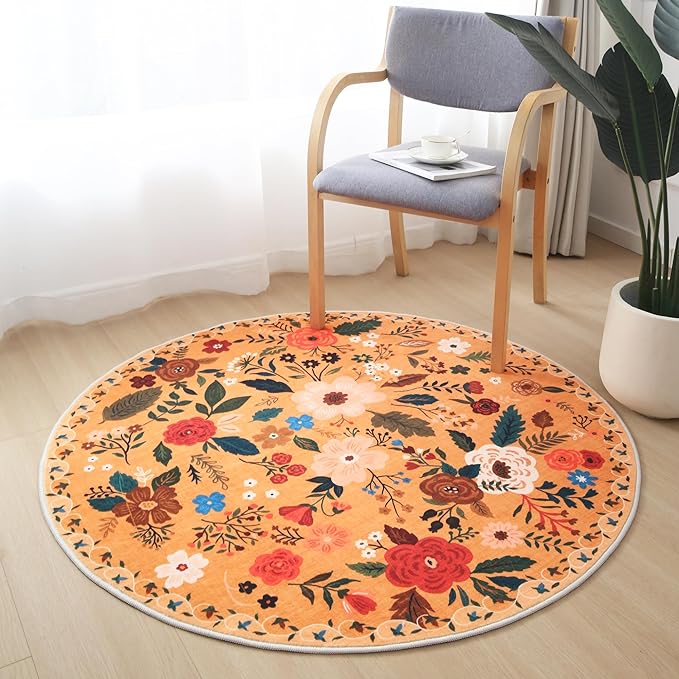 Round Rug 4ft Washable Circle Rug Non Slip Low Pile Boho Floral Small Circular Rug for Bedroom, Bathroom, Entryway, Kids Room, Office, College Dorm(Yellow)