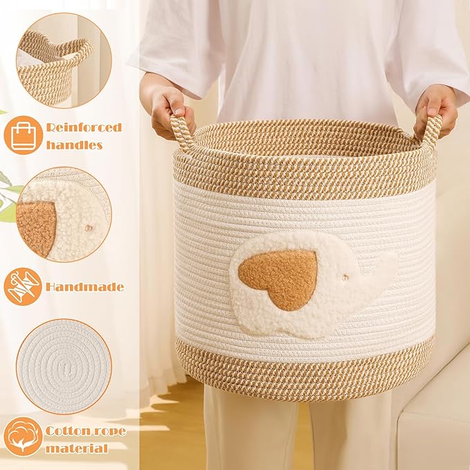 Large Blanket Baskets for Living Room Decor, Toy Storage Baskets Woven Cotton Rope Storage Basket for Kids, Dog Toys Organizer Clothes Hamper with Embroidery Decor for NurseryLaundry (Large, Elephant)