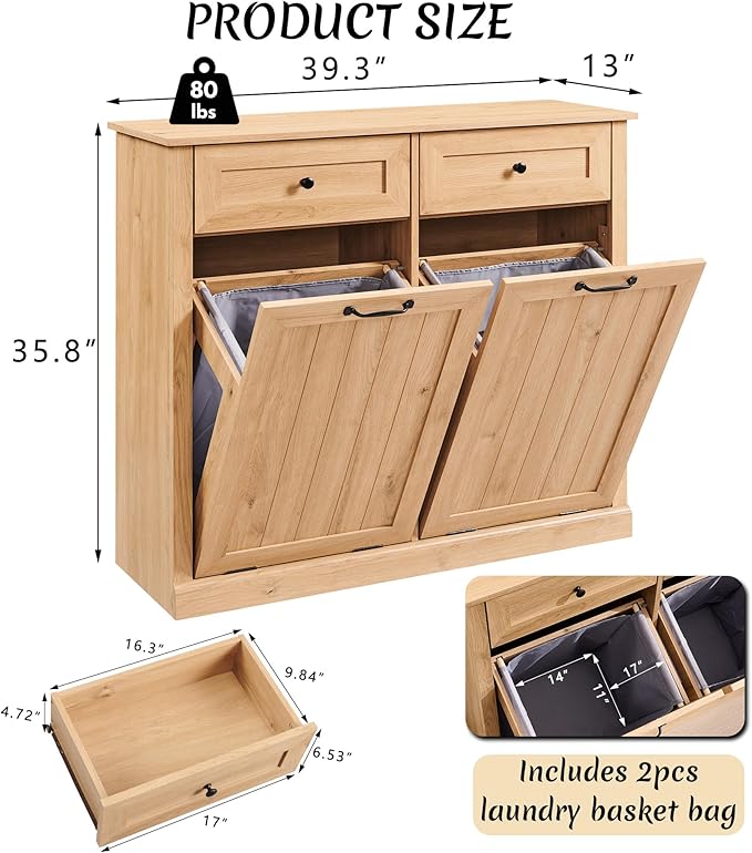 Double Tilt Out Laundry Hamper Cabinet, 20 Gallon Farmhouse Trash Can Cabinet with Drawer, Hidden Wood Garbage Can Bin Cabinets with Laundry Storage Basket for Bathroom, Kitchen (Natural)