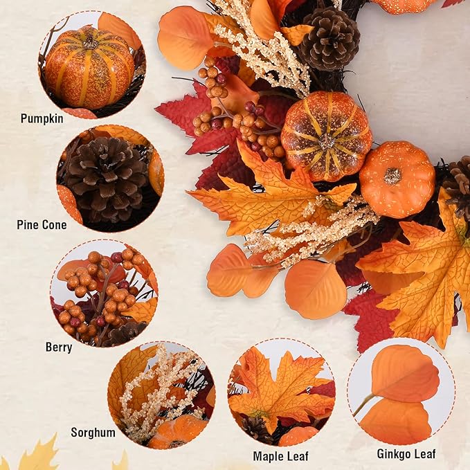 20 Inch Thanksgiving Fall Wreath, Berries Pumpkins Maple Leaves Pine Cones Autumn Wreaths with Hook for Front Door, Fall Decor, Porch Wall Home Outdoor Holiday Decorations Wreath for Autumn