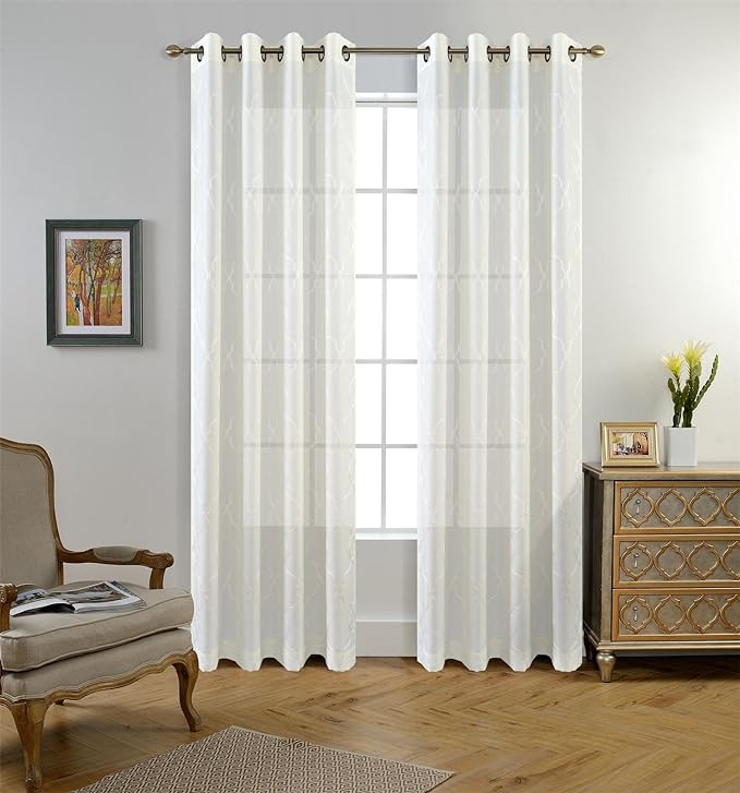 MIUCO Moroccan Embroidered Semi Sheer Curtains Faux Linen Grommet Curtains for Girls Room 52 x 84 Inch Set of 2, Off White