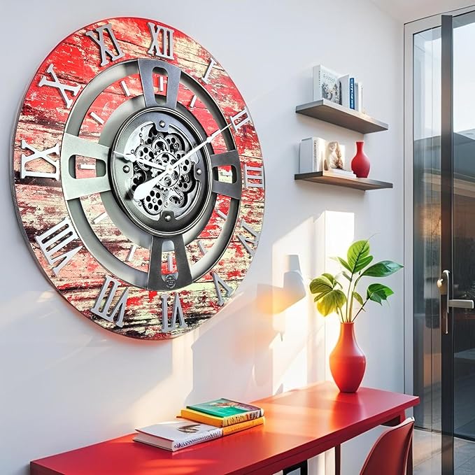 The Gears Clock Real Moving Gear Wall Clock England Line (Red Lava, 24 inches (60 cm))