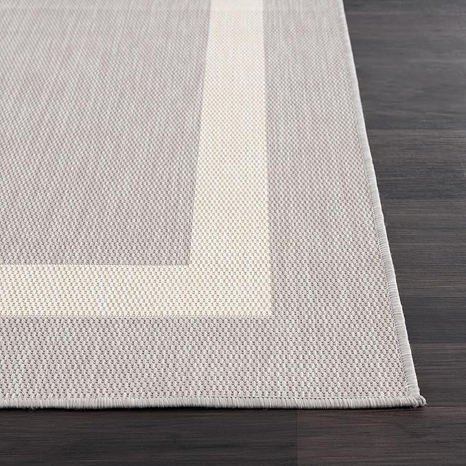 CAMILSON Outdoor Rug 6x9,Modern Outside Rugs for Patios Porches Waterproof Durable Washable Non-Shedding, Easy-to-Clean Indoor Outdoor Area Carpet (6 x 9, Bordered - Gray/White)