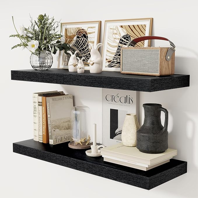 Black Floating Shelves 36 Inch Long, 12 Inch Deep Floating Shelves for Wall, 36 x 12 Shelves for Wall Storage & Display, 2" Thick Floating Shelf for Bathroom, Living Room, Bedroom, Set of 2