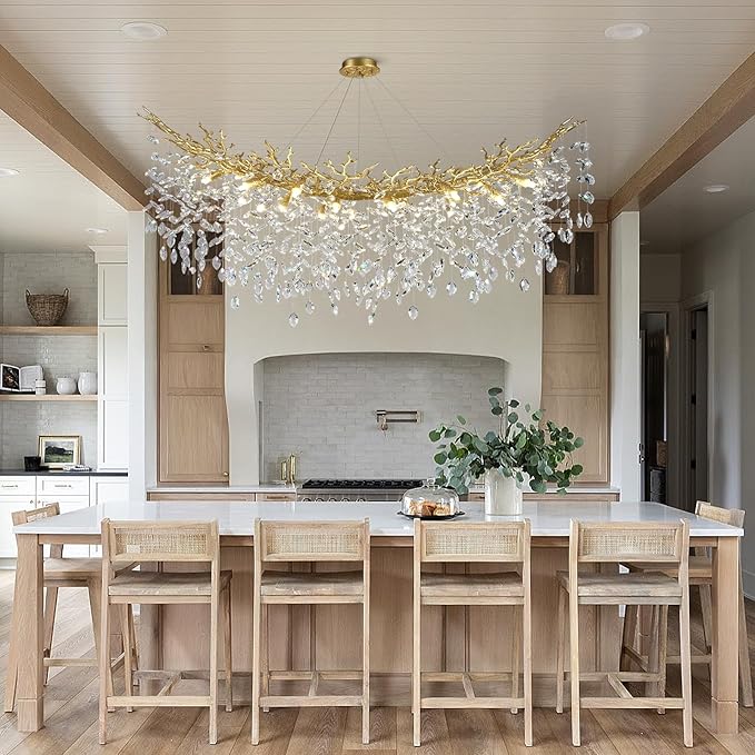 Modern Crystal Gold Chandelier, 55" Large Rectangular Oval Tree Branch Crystal Chandeliers for Dining Room,16-Light Flush Mount K9 Crystal Chandeliers, for Kitchen Island,Dining Room