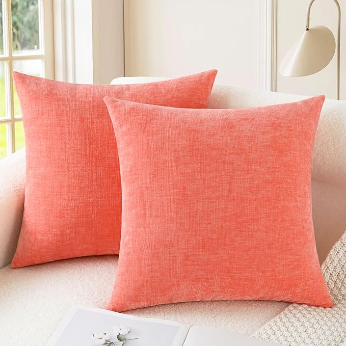CaliTime Throw Pillow Covers Decorative 26 X 26 Inches Pack of 2 Cozy Chenille Cushion Cases for Couch Sofa Bed Living Room Home Living Coral