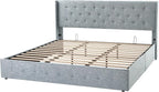 Allewie King Size Lift Up Storage Bed, Button Tufted Headboard with Wingback, Hydraulic Support, No Box Spring Needed, Grey Blue