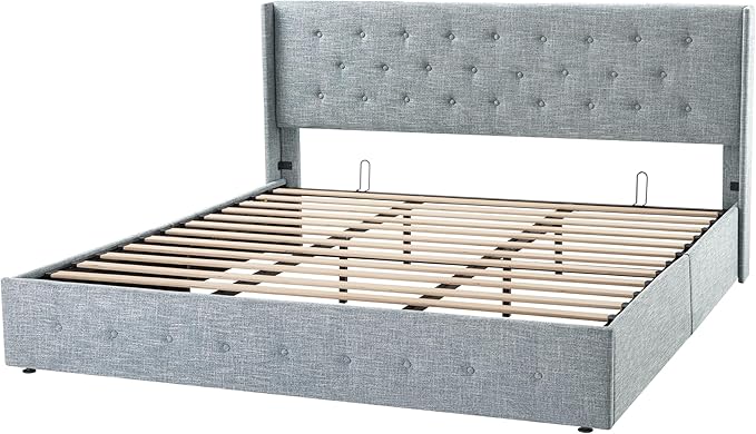 Allewie King Size Lift Up Storage Bed, Button Tufted Headboard with Wingback, Hydraulic Support, No Box Spring Needed, Grey Blue
