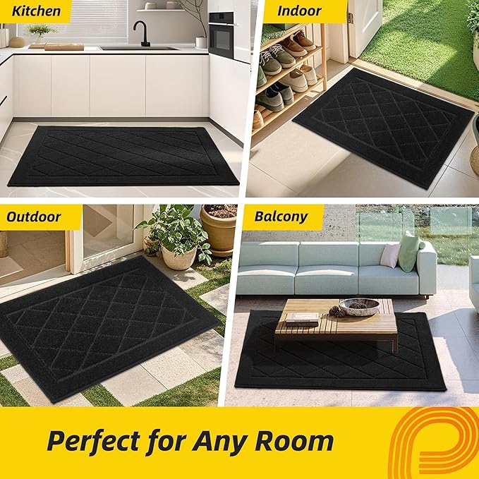 JSEI Dirt Trapper Door Mat 32"x48", Non-Slip Washable Entryway Mats, Dog Door Mat, Stain Resistant and Absorbent Floor Mats, Low Profile Welcome Mat for Front Back Door, Black