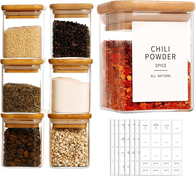 12 Pcs Square Glass Spice Jars with Natural Bamboo Lids - 9oz Airtight Herb Containers with 148 Waterproof Minimalist Spice Labels Preprinted - Empty Small Seasoning Jars for Kitchen Pantry