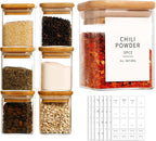 12 Pcs Square Glass Spice Jars with Natural Bamboo Lids - 9oz Airtight Herb Containers with 148 Waterproof Minimalist Spice Labels Preprinted - Empty Small Seasoning Jars for Kitchen Pantry
