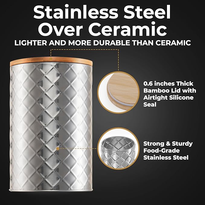 Pebble & Stem® Silver Stainless Steel Canister Set for Kitchen Counter, Food-Grade Canister Set of 4, Airtight Lids, Sugar and Flour Containers for Countertop, Coffee and Tea Storage, Farmhouse Decor