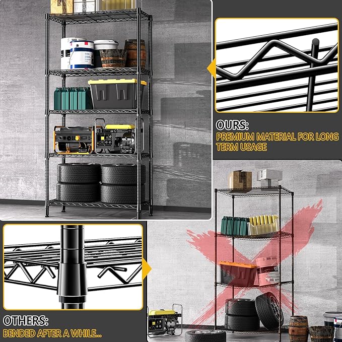 1250 lbs 5 Tier Shelf Metal Storage Shelves Shelving Wire Rack Heavy Duty Closet Organizers for Garage Kitchen Bathroom Laundry Black 13.8" D x 35.4" W x 68.5" H