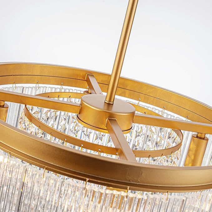 4-Lights Drum Glass Chandelier, Modern Style Light Fixture for Dining Room, Bedroom, Ripple Glass Shade & Brass Finish, D16.5 * H18~48 inch (Adjustable Height)