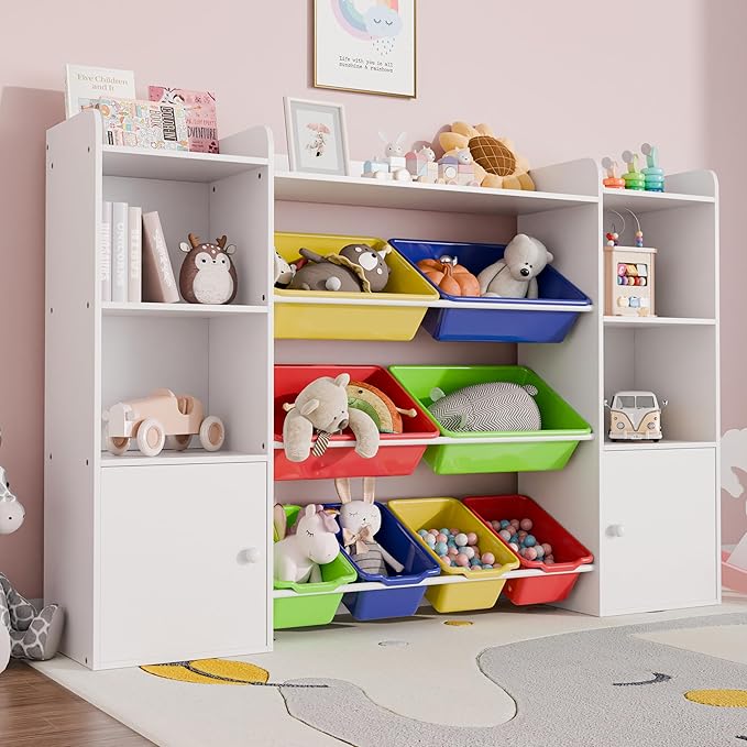 Xilingol Kids Toy Storage Organizer W/8 Removable Toy Bins, 4-Tier Toy Organizers W/6 Storage Cubbies, Kid Bookshelf and Toy Storage for Playroom, Bedroom, Kids Room, Classroom